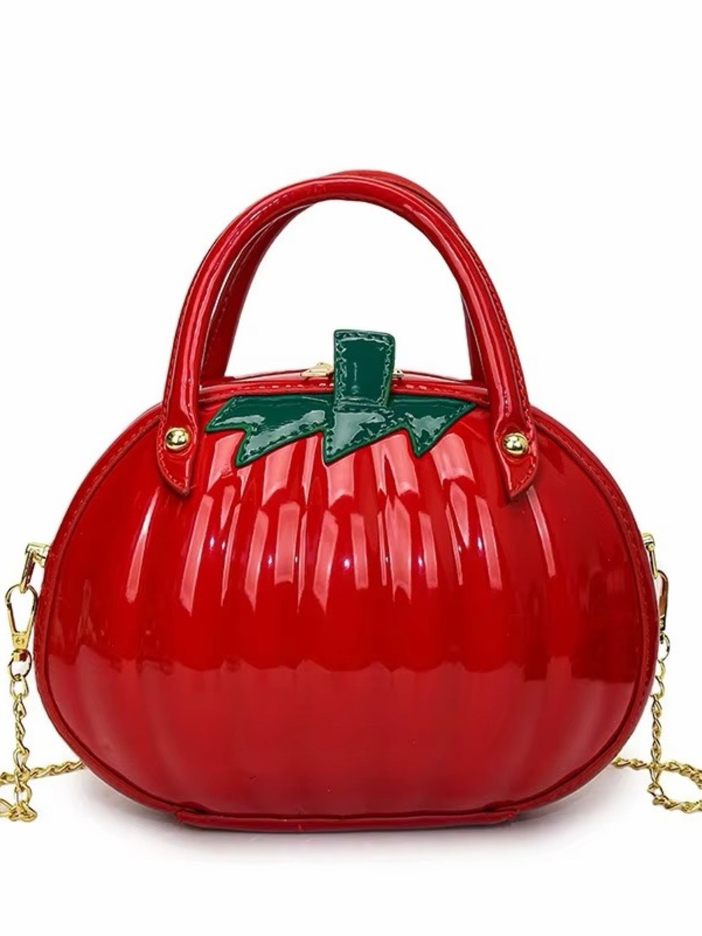 Red Tomato-Shaped Patent Handbag with Green Accent